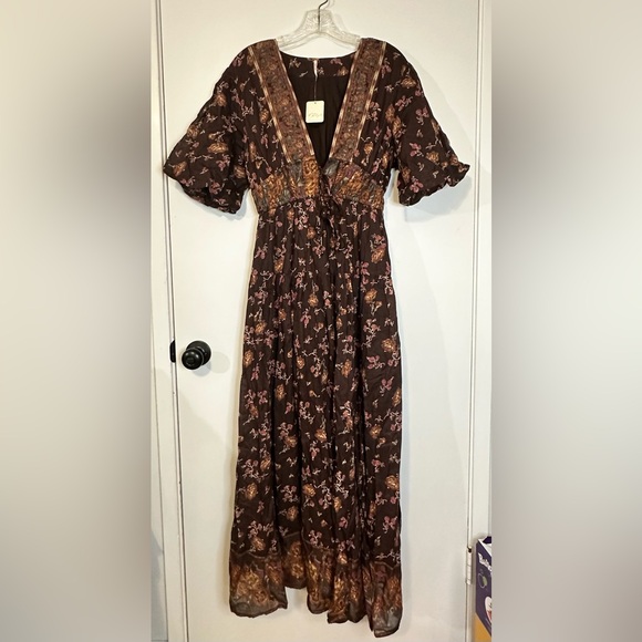 Free People Women’s Lysette Indie Maxi Dress Choco Combo Boho Peasant Size XS - Picture 3 of 16